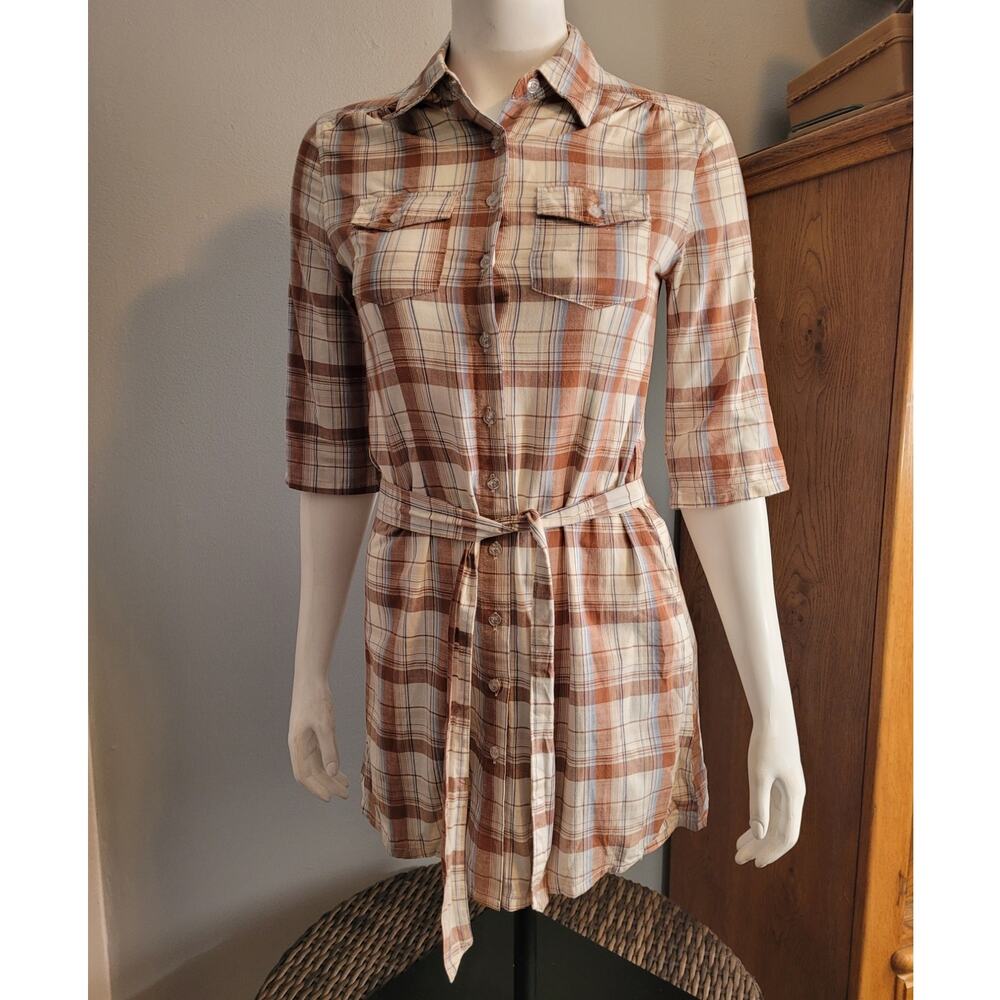 Plaid Cotton Shirt Dress Sz S Belted Neutral Cottagecore Button Front Casual